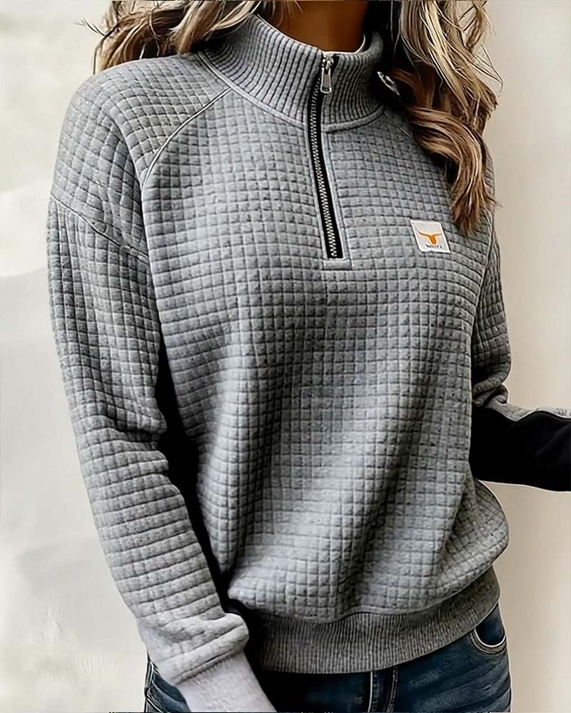 Stand Collar Waffle Color Block Sweatshirt