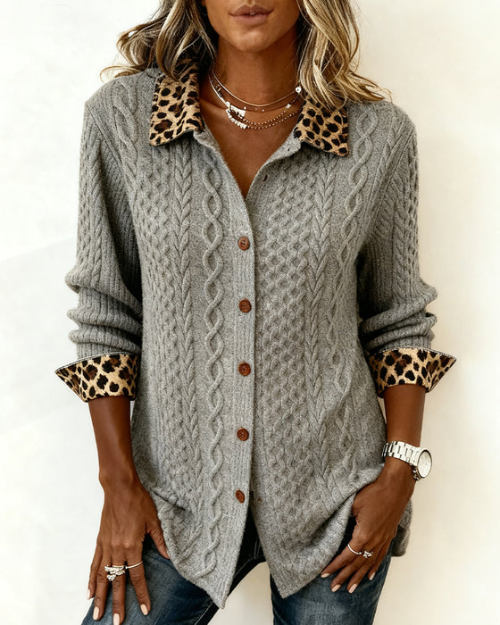 Color-Blocked Leopard Print Long-Sleeved Shirt