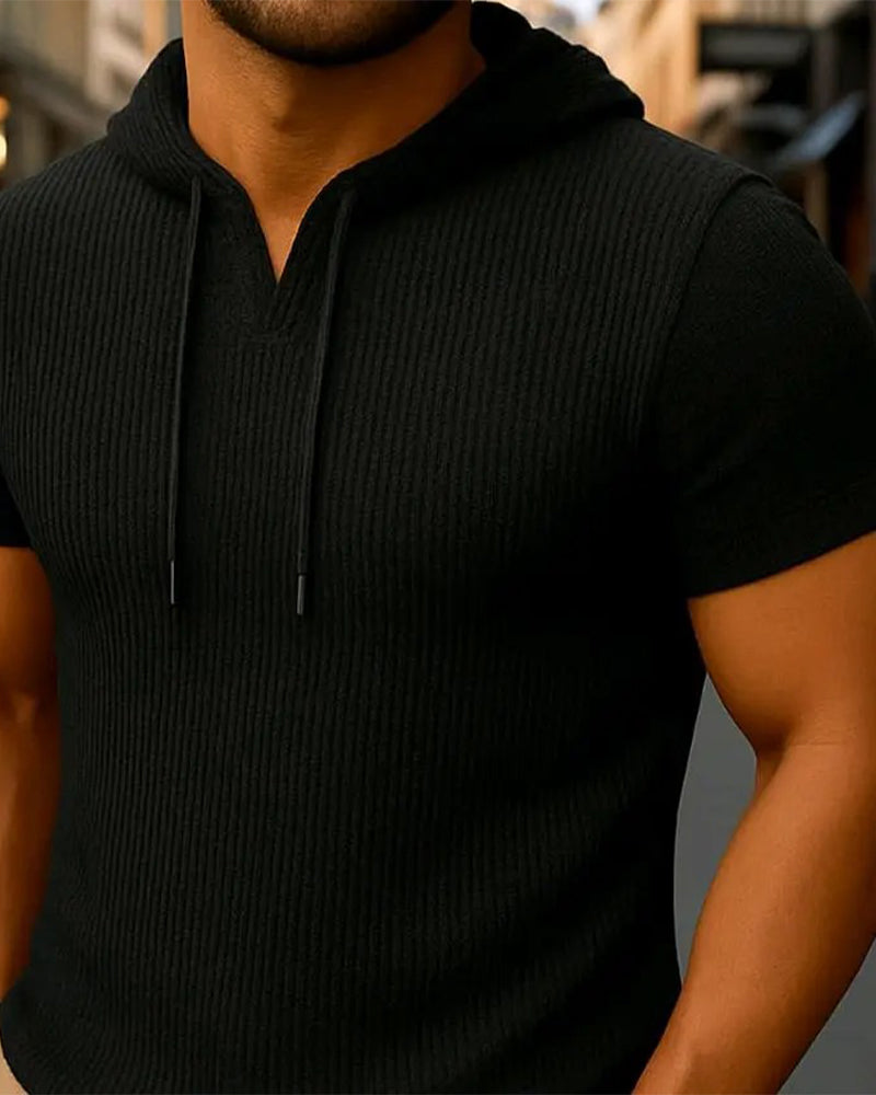 V-Neck Slit Vertical Stripe Short Sleeve Hoodie T-Shirt