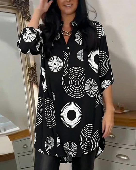 Geometric Circular Print Long-Sleeved Dress