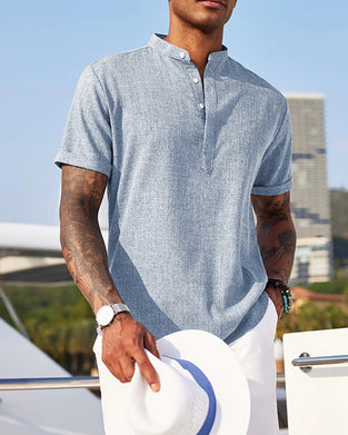 Stand Collar Half-Placket Henley Shirt