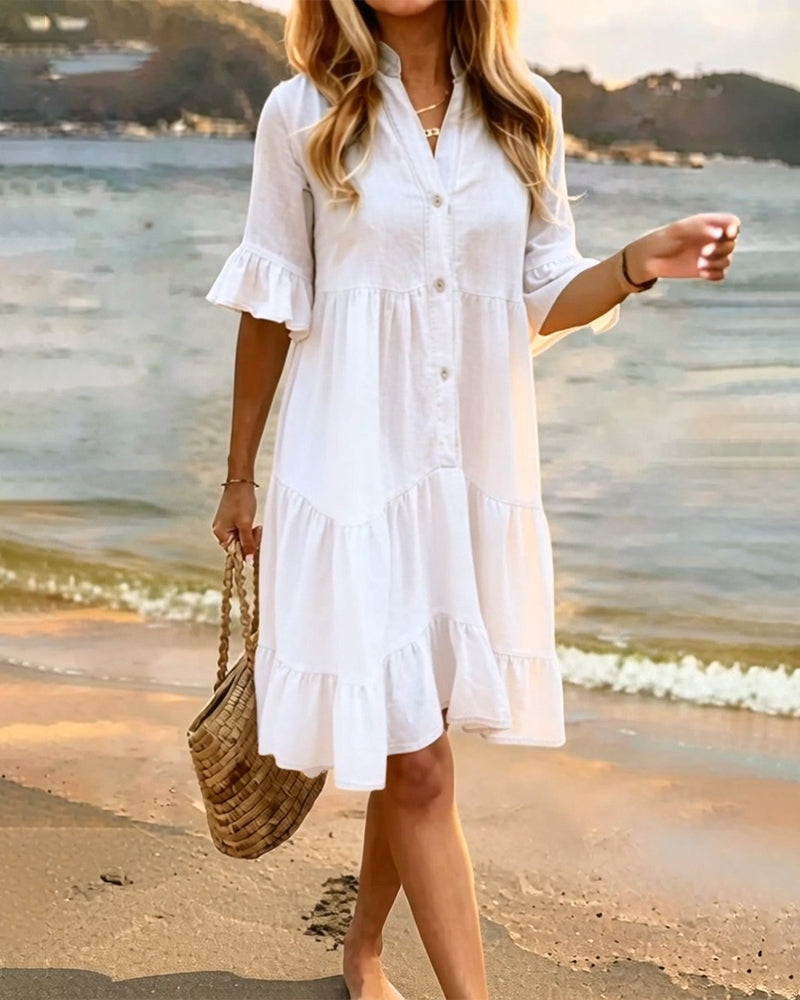 Stand Collar Button Ruffle Dress