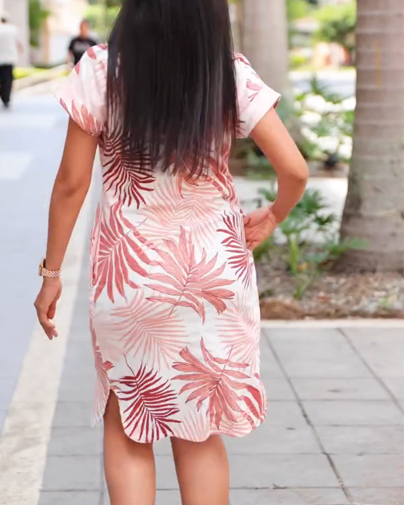 Lapel Leaf Short-Sleeved Shirt Dress