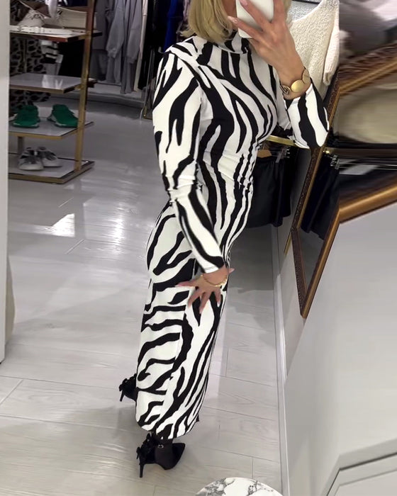 Slit Fitted Zebra Long-Sleeve Dress
