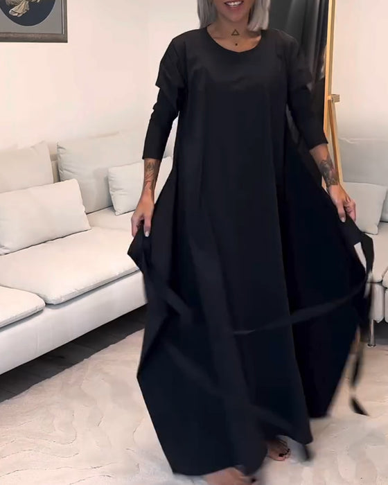 Fashion solid color pleated lace-up round neck dress