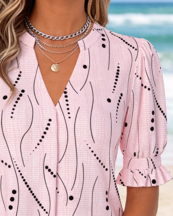 V-Neck Printed Puff Sleeve Knit Top