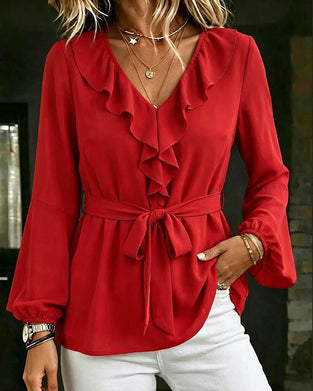 V-Neck Ruffle Casual Blouse