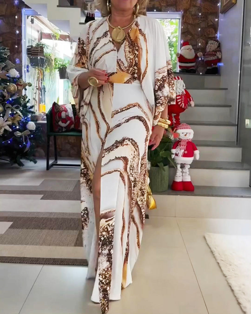 Long-Sleeved V-Neck Slit Printed Dress