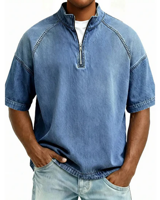 Washed Zip-Up Short Sleeve Shirt
