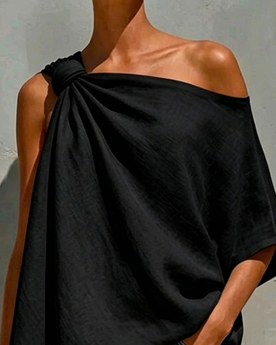 One-Shoulder Knot Asymmetric Blouse