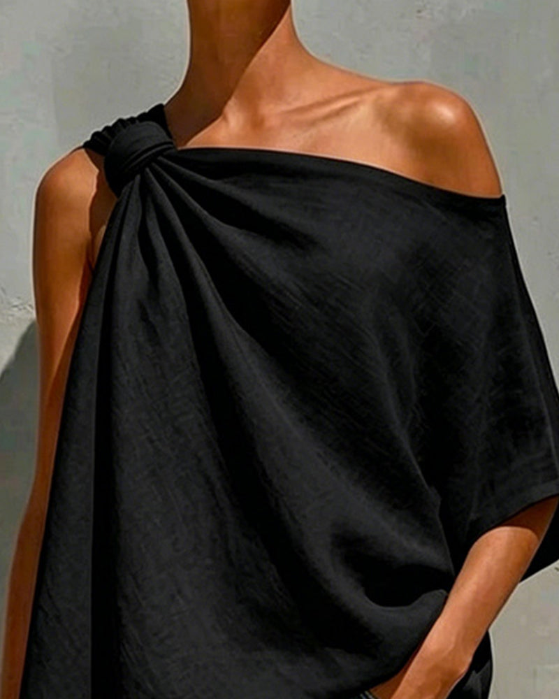 One-Shoulder Knot Asymmetric Blouse