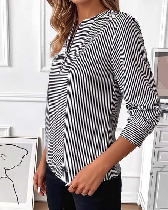 Striped Patchwork Zip Up Blouse