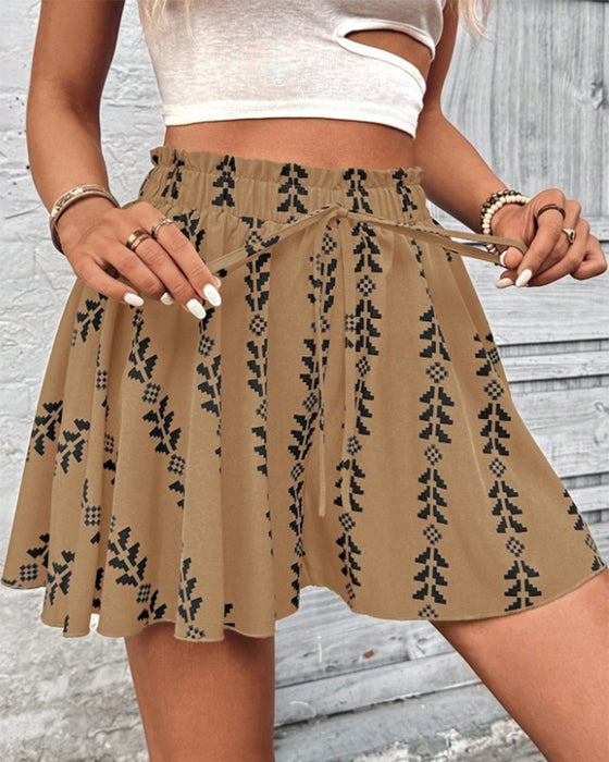 Print Drawstring Loose Fit Flare Short