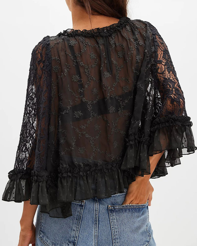 Lace Hollow-Out Ruffle Sleeve Sun Protection Blouses