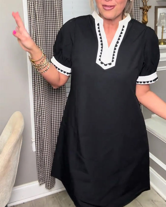 Bubble Sleeve Color Block V-Neck Dress