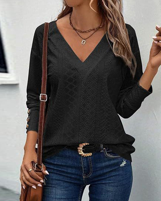 Casual V-Neck Hollow Solid Color Blouse