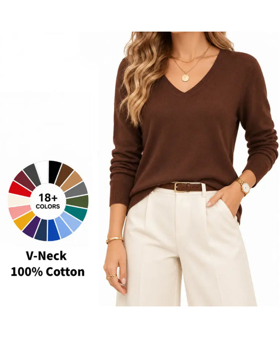 V-Neck Solid Long-Sleeved Pullover