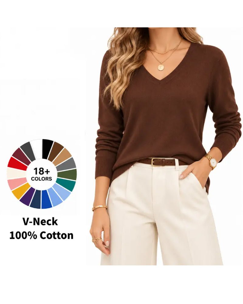 V-Neck Solid Long-Sleeved Pullover