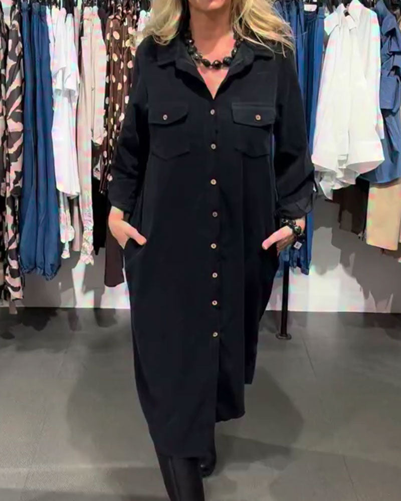 Lapel Pocket-Breasted Long Shirt Dress