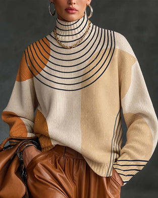 Geometric Line Color Block High Neck Pullover