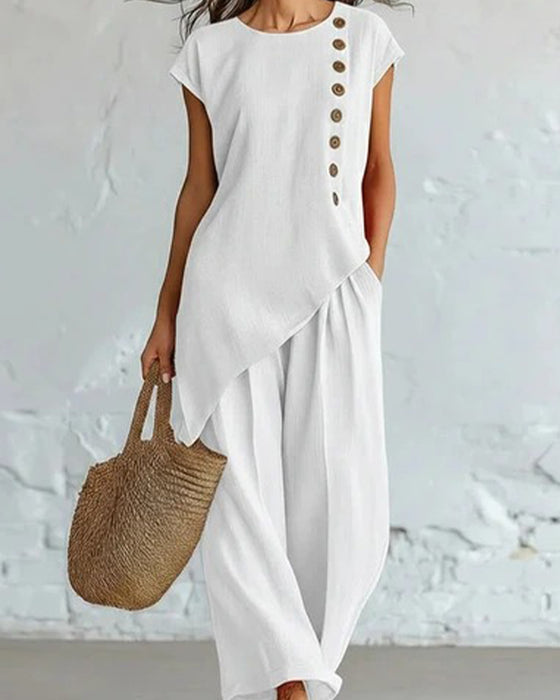 Round Neck Solid Color Two-Piece Set