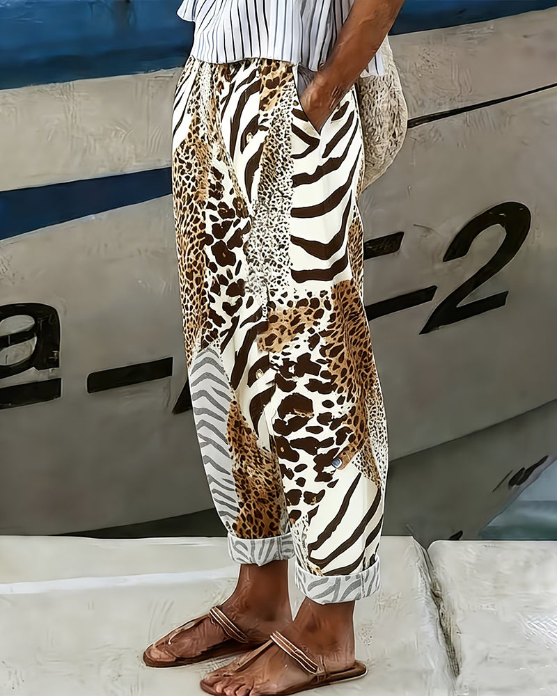 Leopard and Zebra Patchwork Casual Long Pants