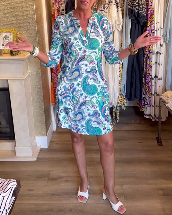 Paisley print v neck pocket dress