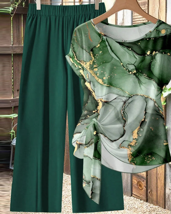 Knot Blouse Print Wide-Leg Pants Set