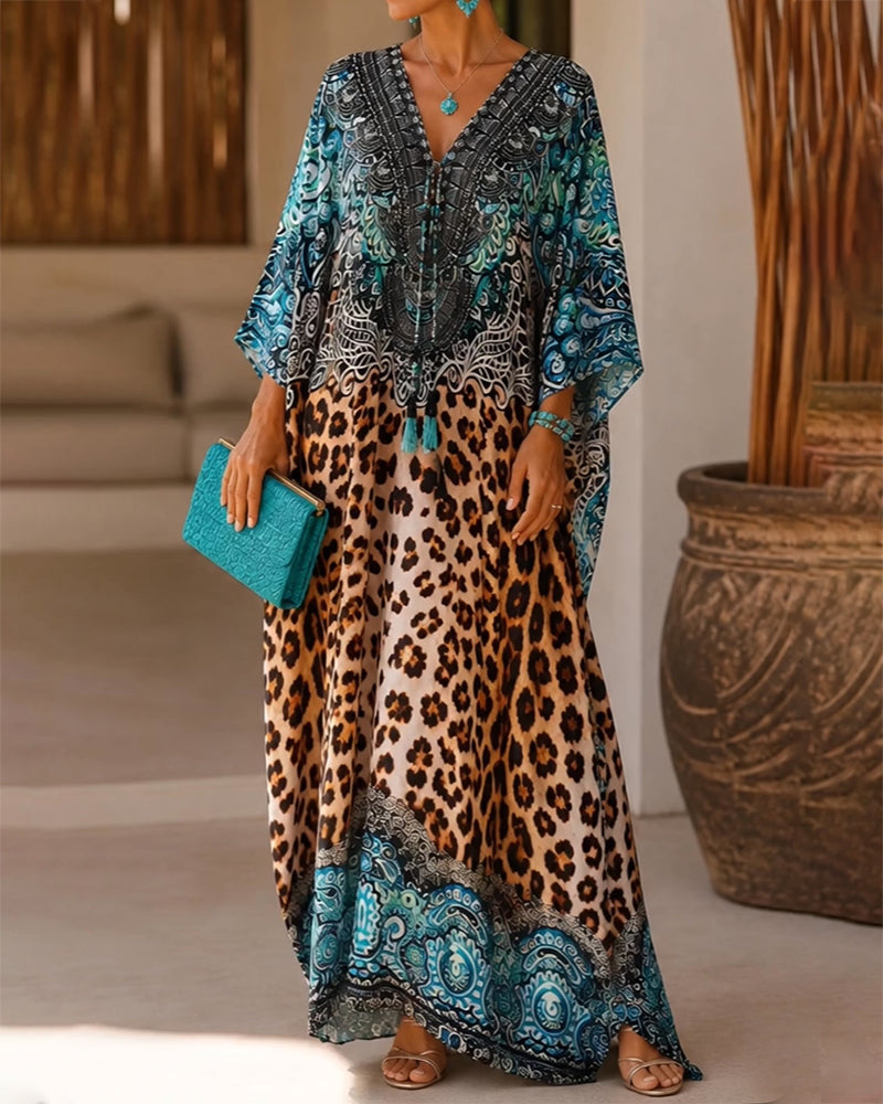 V-Neck Leopard Print Flared Contrast Color Dress