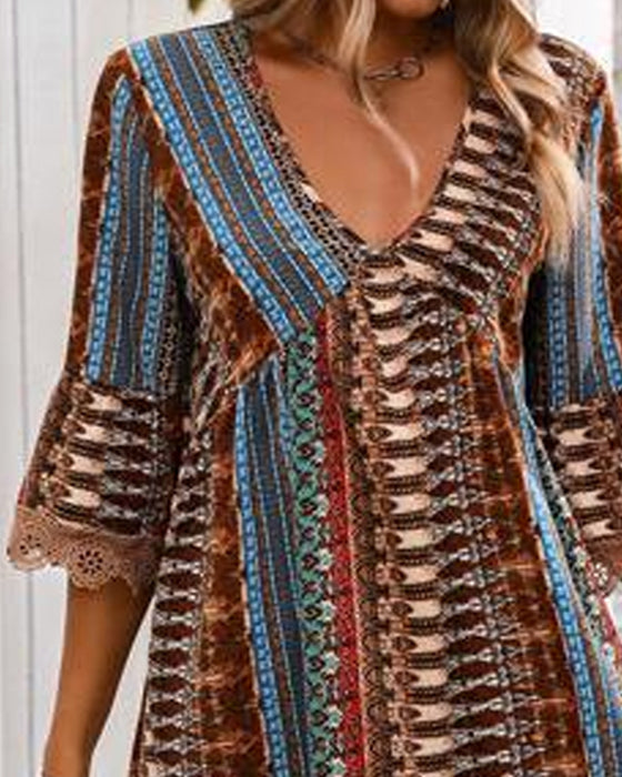 V-Neck Lace Three-Quarter Sleeve Dress