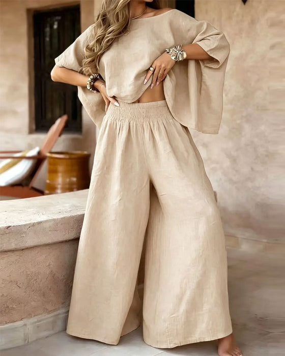 Solid Color Bat Sleeve Top Wide Leg Pants Set