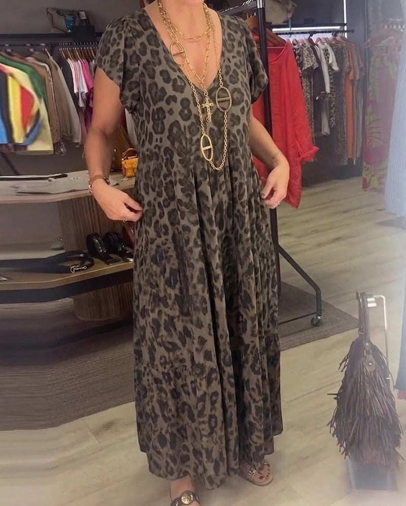 V-Neck Leopard Short Sleeve Dress