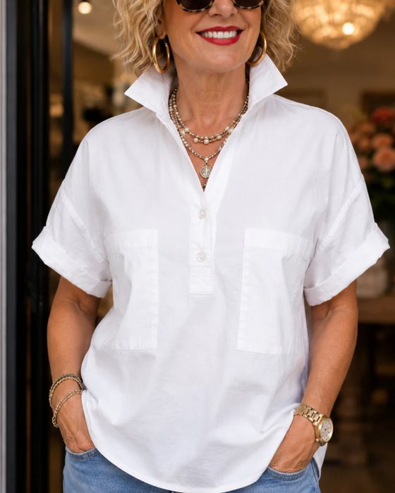 Pocket Button V-Neck Casual Blouse