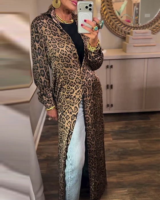 Leopard Print Slit Long Sleeve Dress