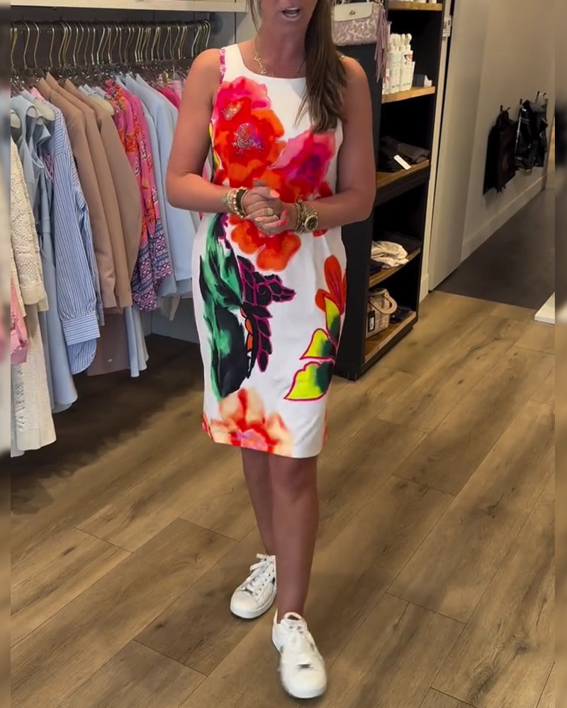 Watercolor Large Flower Sleeveless Hip Dress