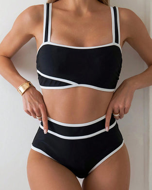 Two-Piece Striped Color-Block Bikini Swimsuit