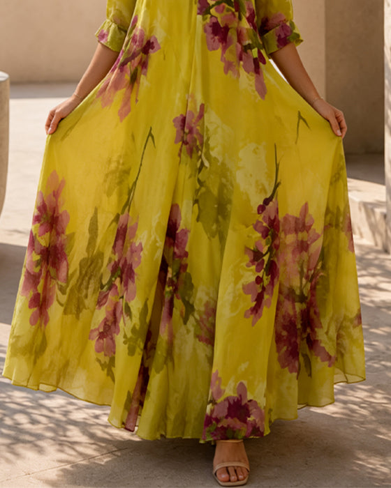 Ink Wash Floral V-Neck Dresses