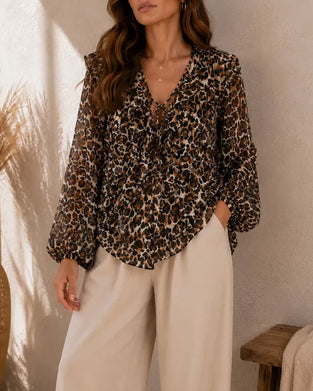 V-Neck Lace-Up Leopard Print Long-Sleeve Top