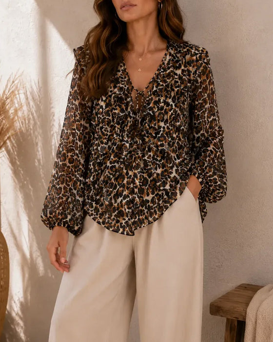 V-Neck Lace-Up Leopard Print Long-Sleeve Top