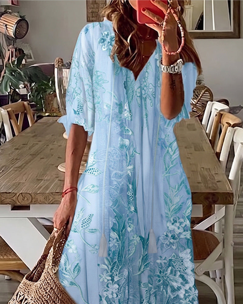 V-Neck Floral Ruffle Full Skirt Dress