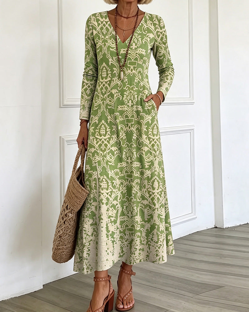 V-Neck A-Line Long Sleeve Maxi Dress