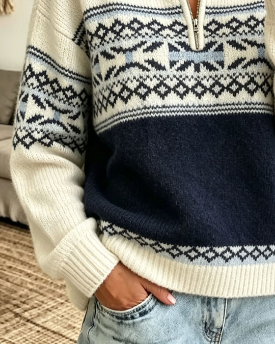 Lapel Zipper Diamond Pattern Contrast Pullover