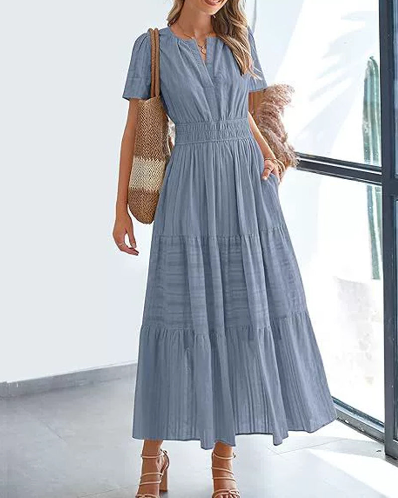 V-Neck Shirred Puff Sleeve Short Sleeve Dress
