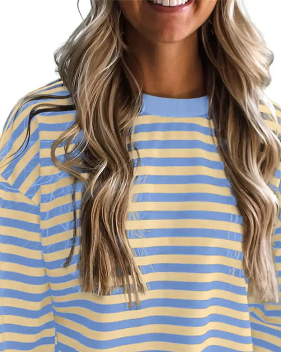 Crew Neck Drop Shoulder Stripe Cutout Blouse