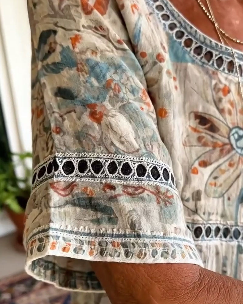 Hollow-Out Round Neck Printed Top