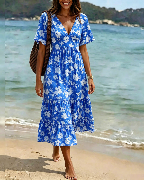 Deep V-Nee Pleated Print Dresses