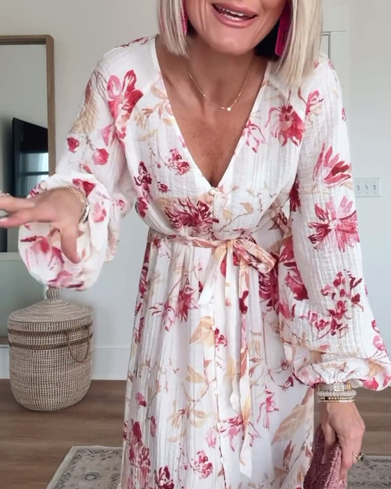 Elegant floral print bell sleeve lace-up dress