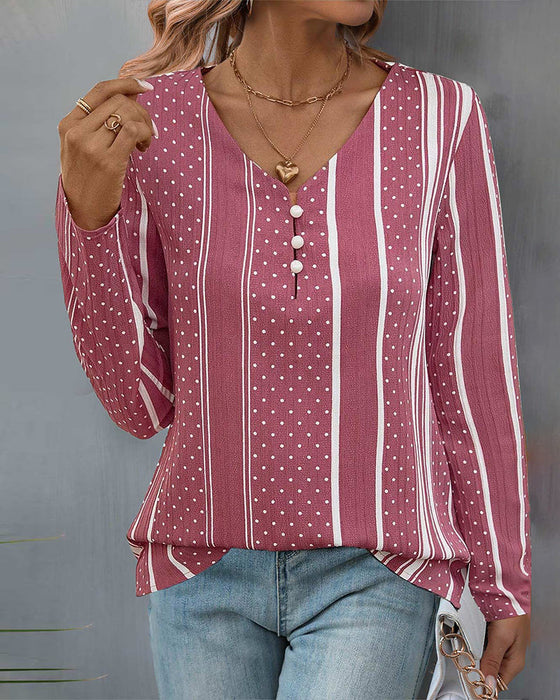 Button striped polka dot long sleeve top