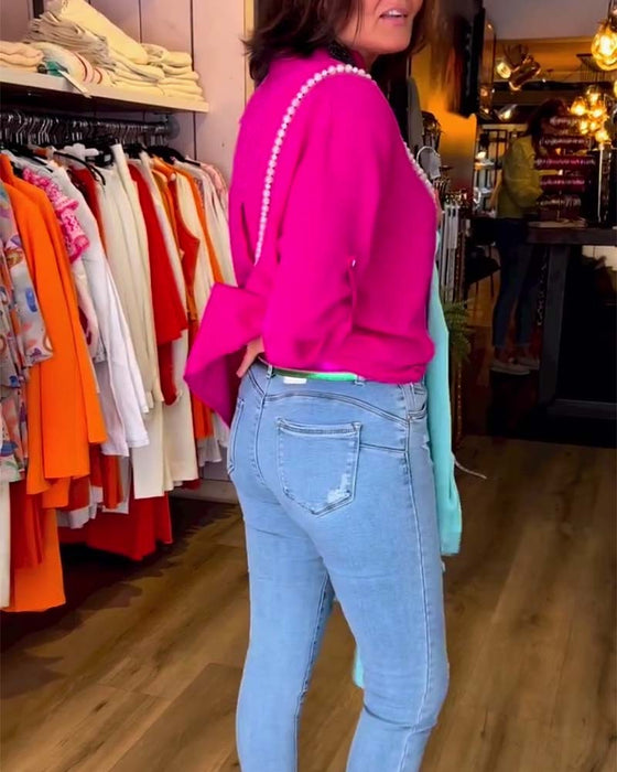 Casual solid color V-neck three-quarter sleeve blouse