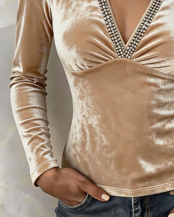 V-Neck Ruched Velvet Long Sleeve Top